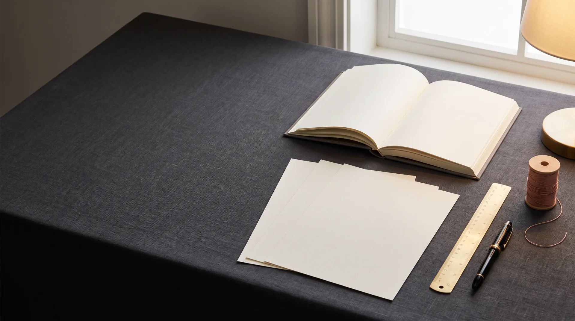 Open book and typesetting tools on an editorial worktable